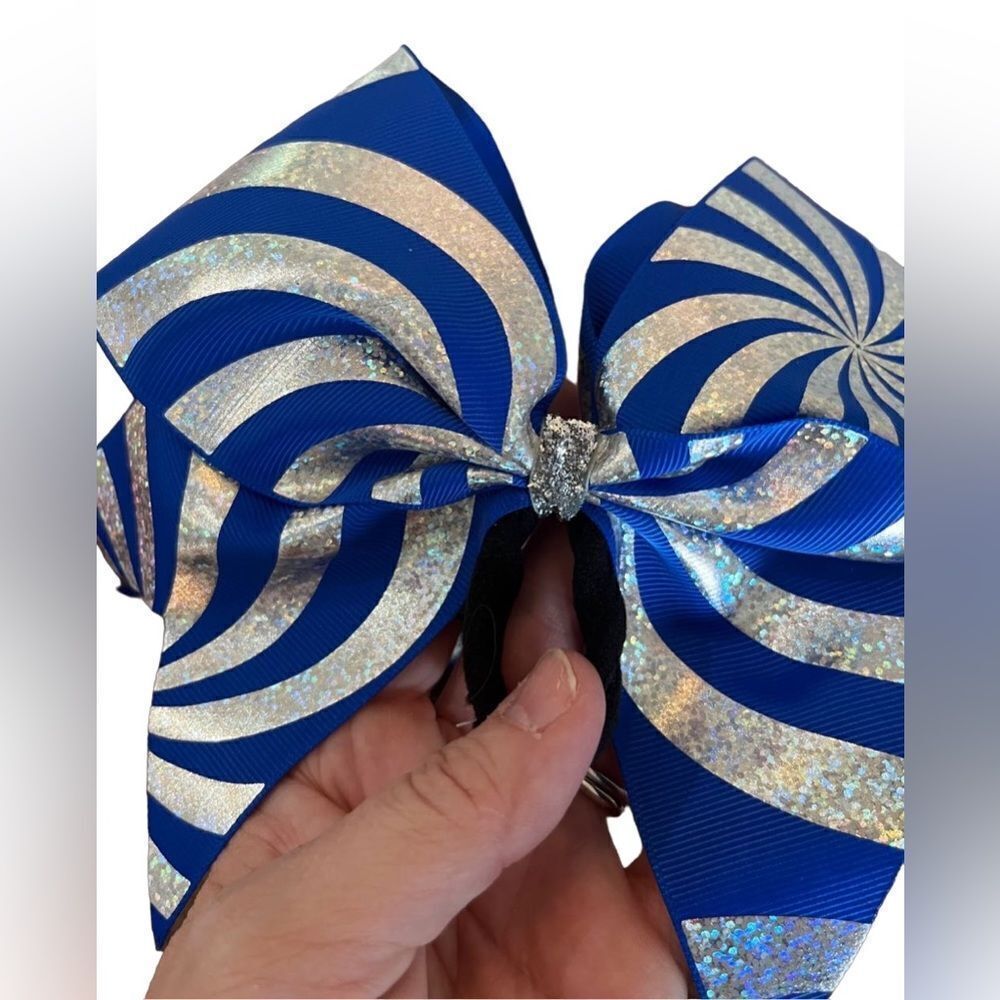 🌴 Blue Silver Glitter Swirl Cheer Bow 8” | Peppermint Stripe Gameday Spirit Hair